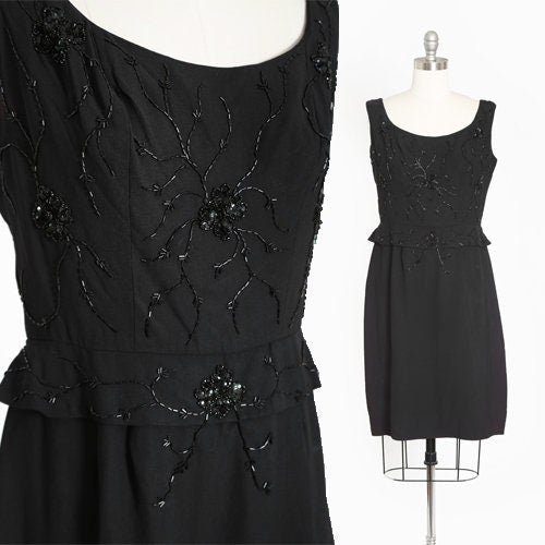 I. MAGNIN beaded dress | Vintage 60s black wool hand beaded sequin floral dress | 1960s cocktail dress