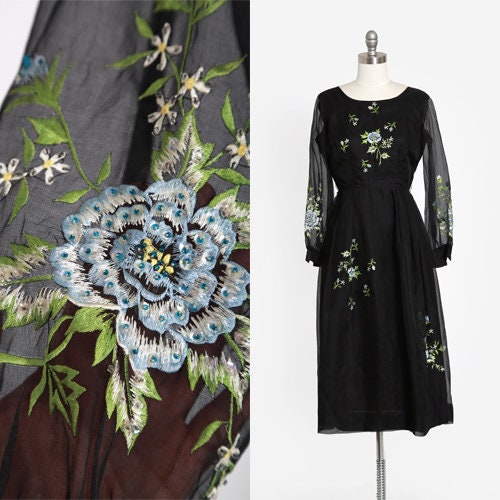 50s Chiffon dress | Vintage 1950s black embroidered beaded sequin dress