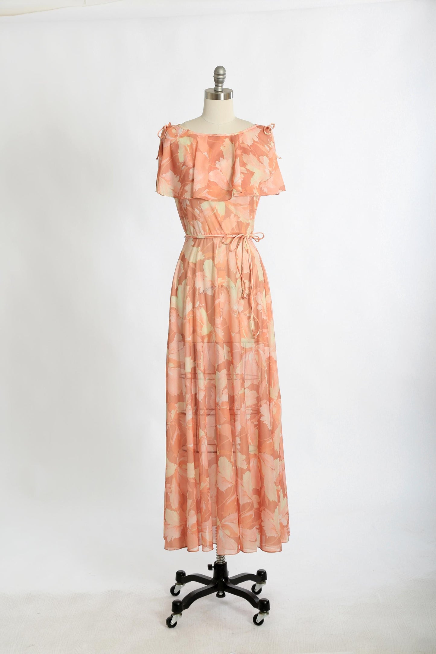 Floral ruffle maxi | Vintage 70s pink semi sheer maxi dress
