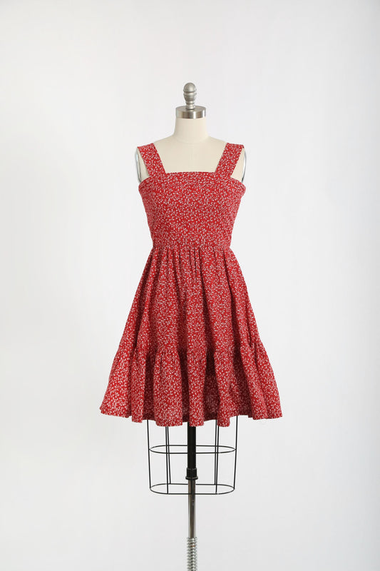 Vintage 70s red + white floral cotton dress