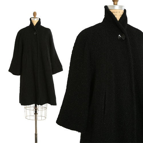Vintage 50s black boucle wool opera swing coat