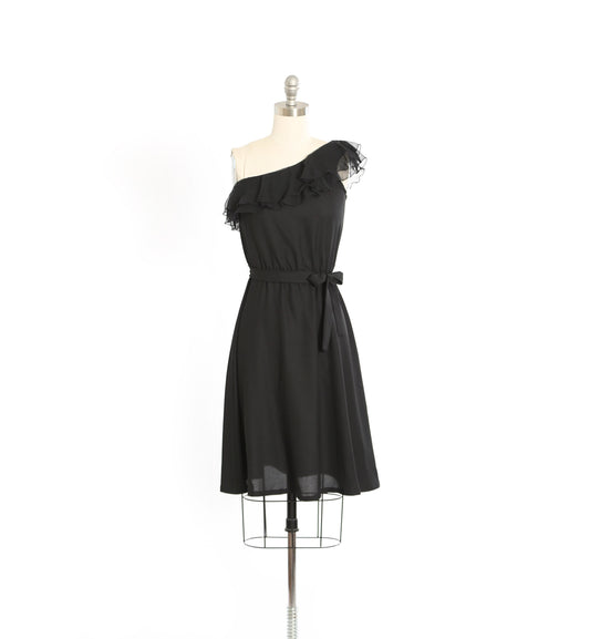 Vintage 70s one shoulder black ruffle mini dress