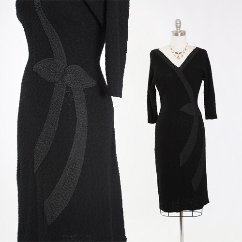 Vintage 40s black knit dress | 1940s crochet ribbon dress