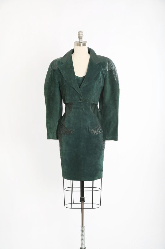 Vintage Micheal Hoban North Beach green leather mini dress + cropped jacket