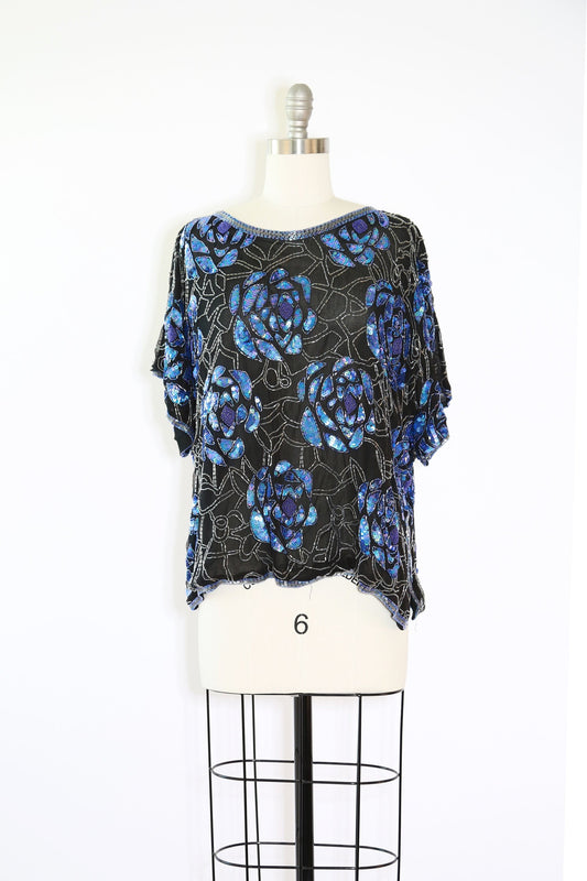 Vintage 80s beaded sequin silk rose blouse M