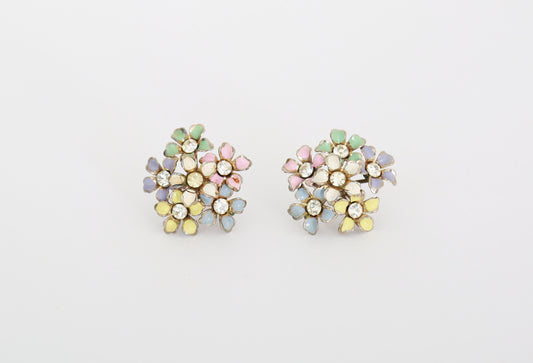 60s pastel rhinestone floral screw back earrings