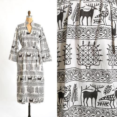 Vintage 70s novelty print maxi dress | 1970s woodland creatures block cotton block print maxi dress