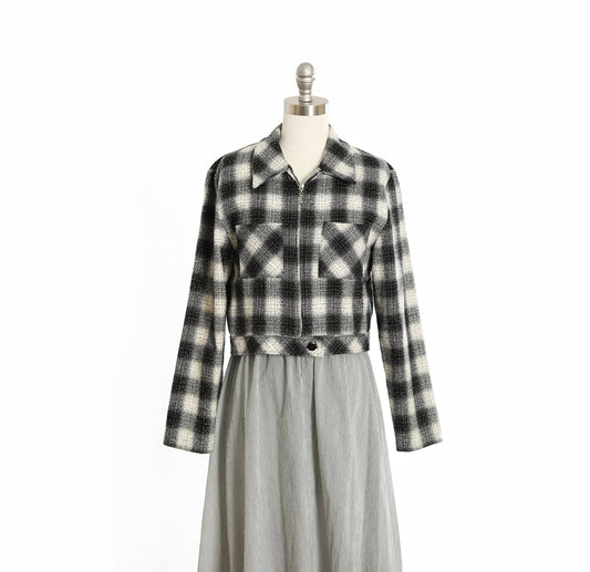 Vintage 90s NYCC black + white cropped woven plaid jacket