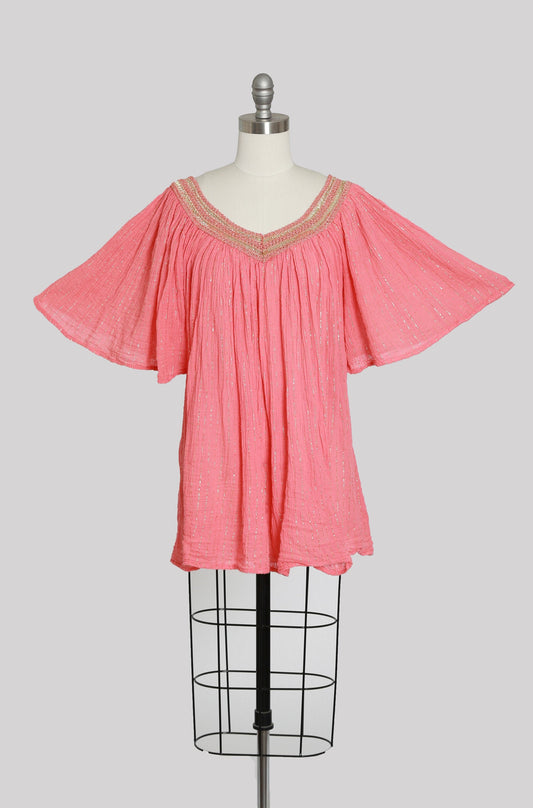Grecian crochet gauze top | Vintage 70s coral angle wing cotton gauze tunic