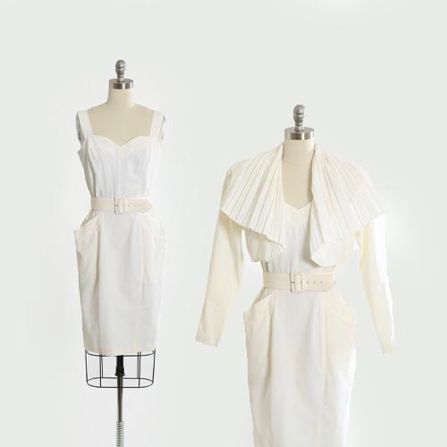 Vintage 80s white 3pc dress cropped bolero jacket | 1980s deadstock SOMA white dress pleated jacket