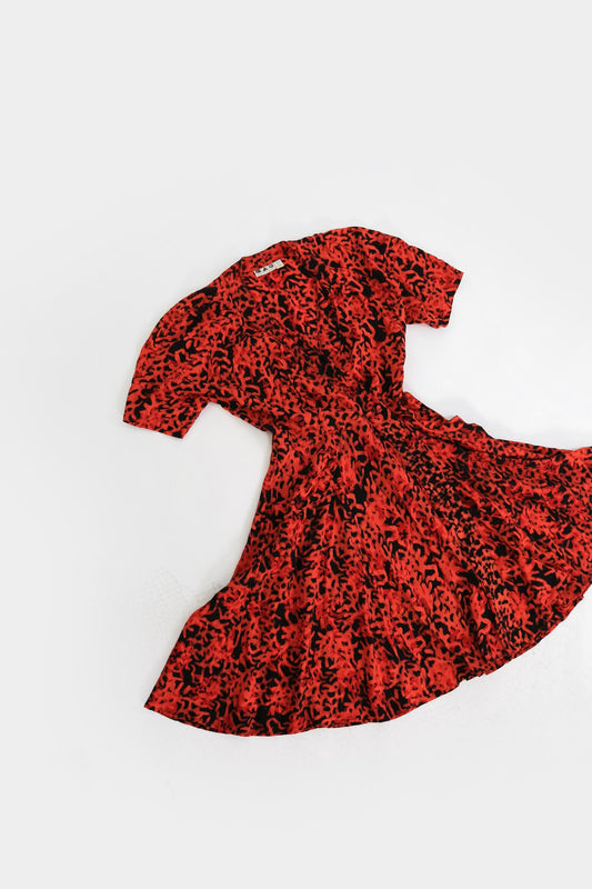 80s Coral hand stamped batik tropical wrap dress