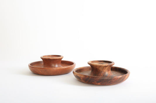 Vintage walnut turned wood candle stick holders pair