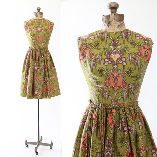 Vintage 1950s green silk floral mini dress