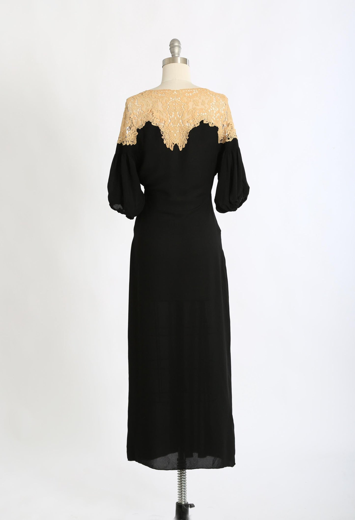 Antique Vintage 1930s bias cut black floral crochet lace puff sleeve dress