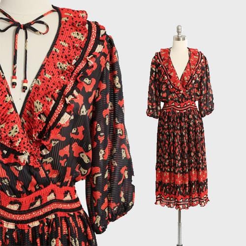 Vintage 80s Assorti Susan Freis red pleated ruffle dress