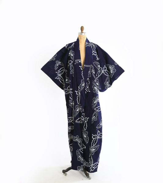 Vintage 1950s Butterfly navy blue cotton kimono
