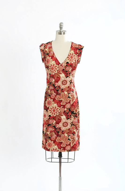 Y2K red floral Paisley faux wrap dress