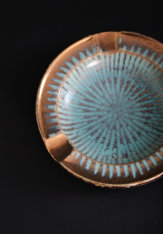 Vintage Mid Century Modern gold + blue starburst Ashtray