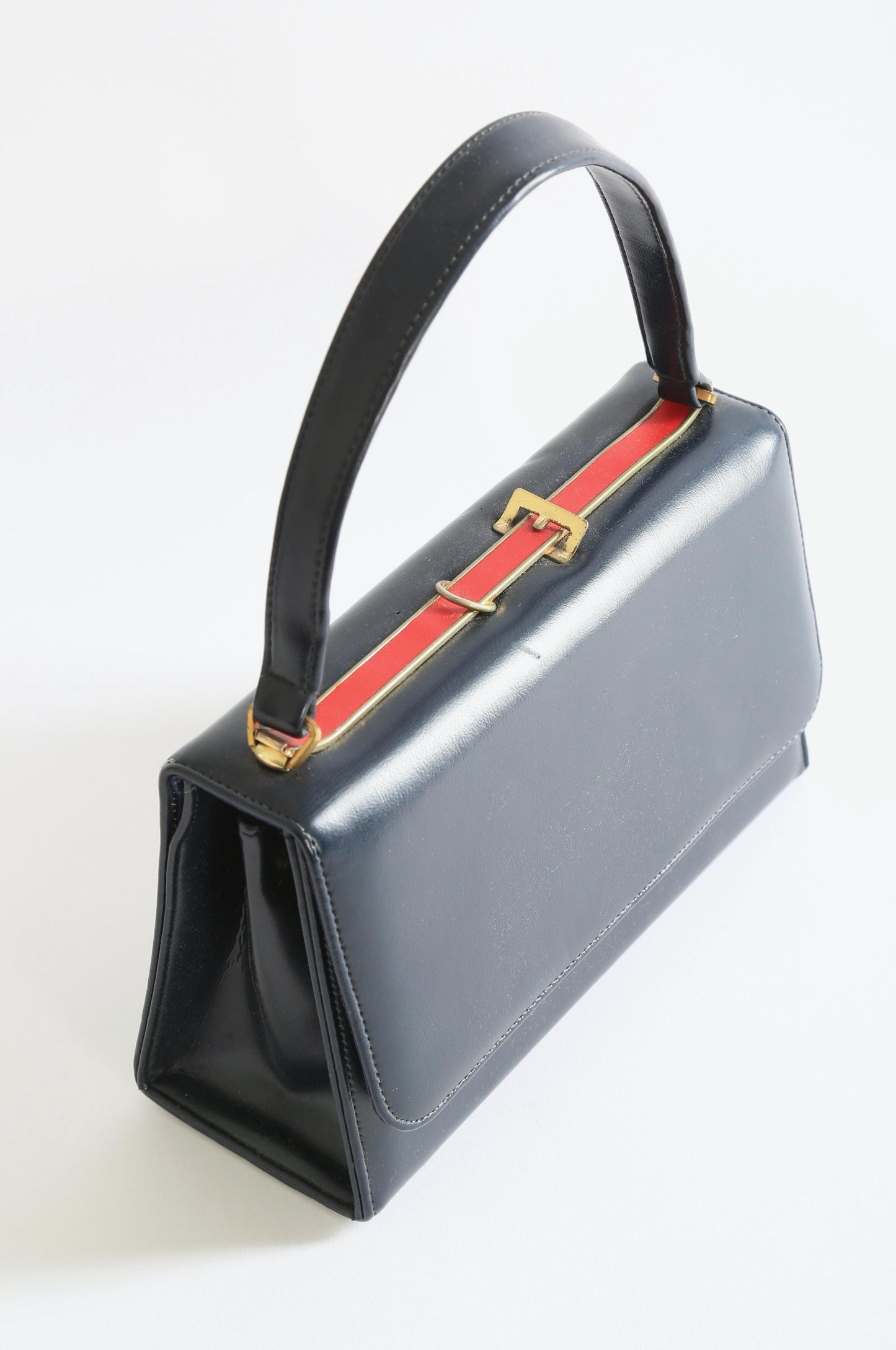 Vintage 60s navy blue red striped leather kelly bag purse