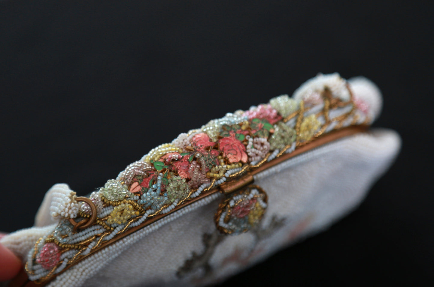 Antique vintage 1930s French micro glass hand beaded floral enameled purse