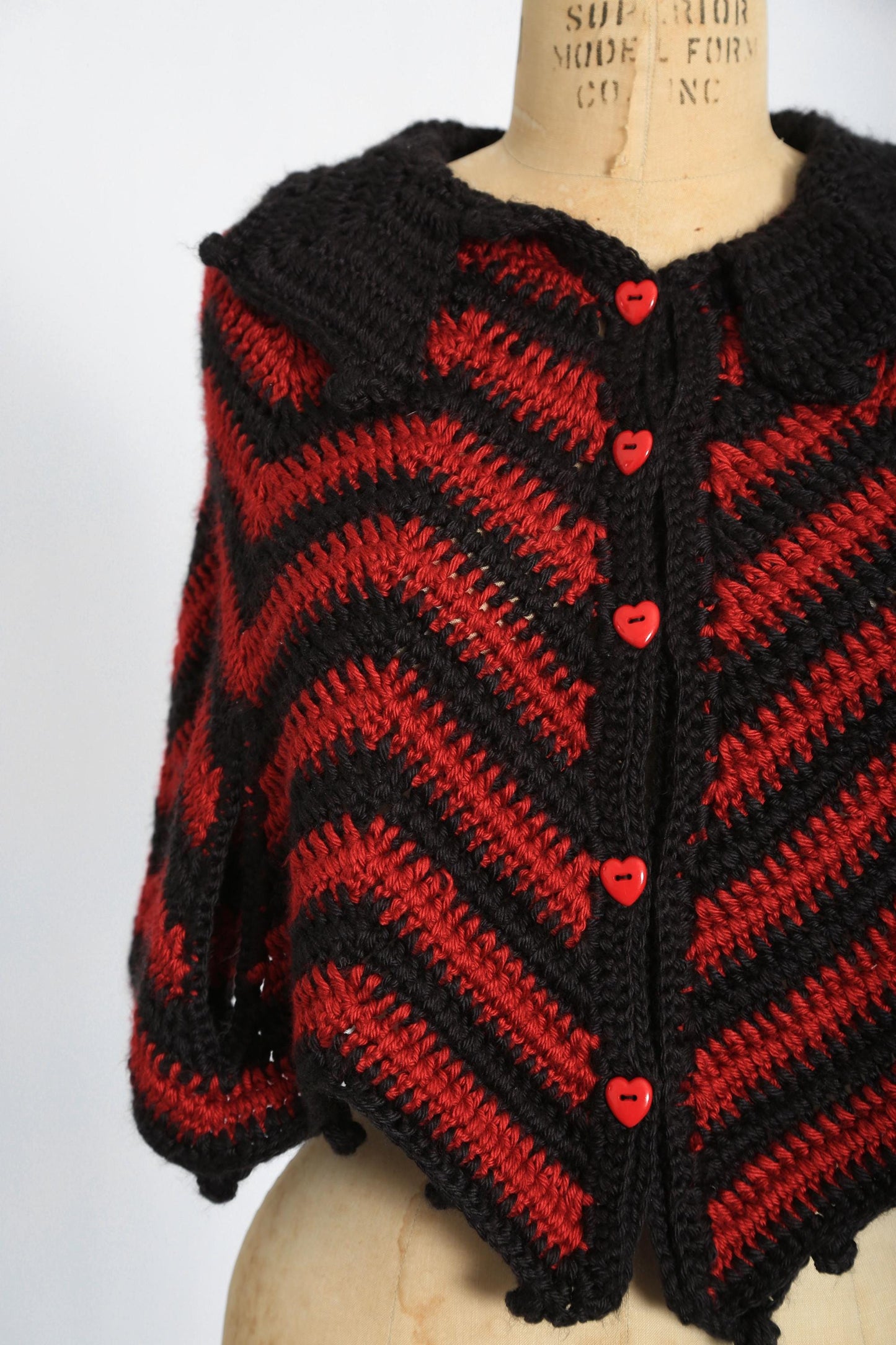 Vintage 60s 70s black + red Heart Crochet Cape