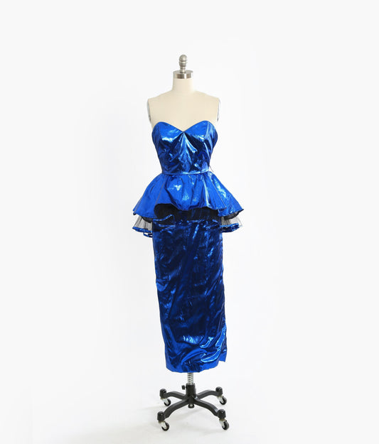 80s mermaid dress | Vintage 1980s metallic blue lame peplum party dress