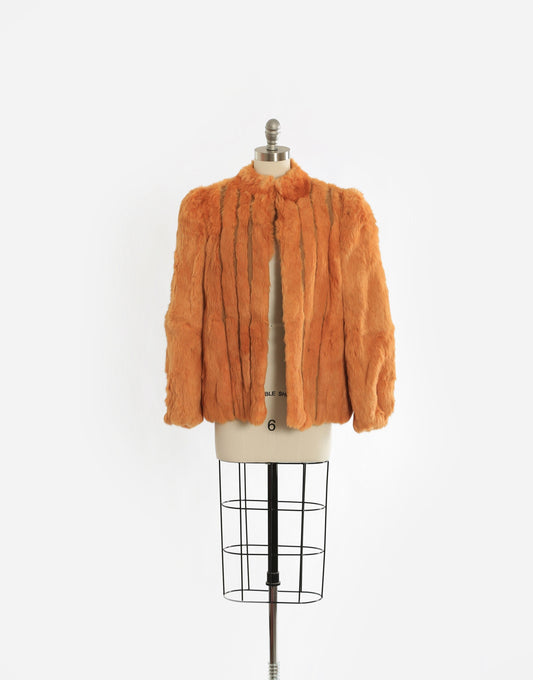 Vintage 70s orange Rabbit Fur Coat Plush chubby Stroller Jacket