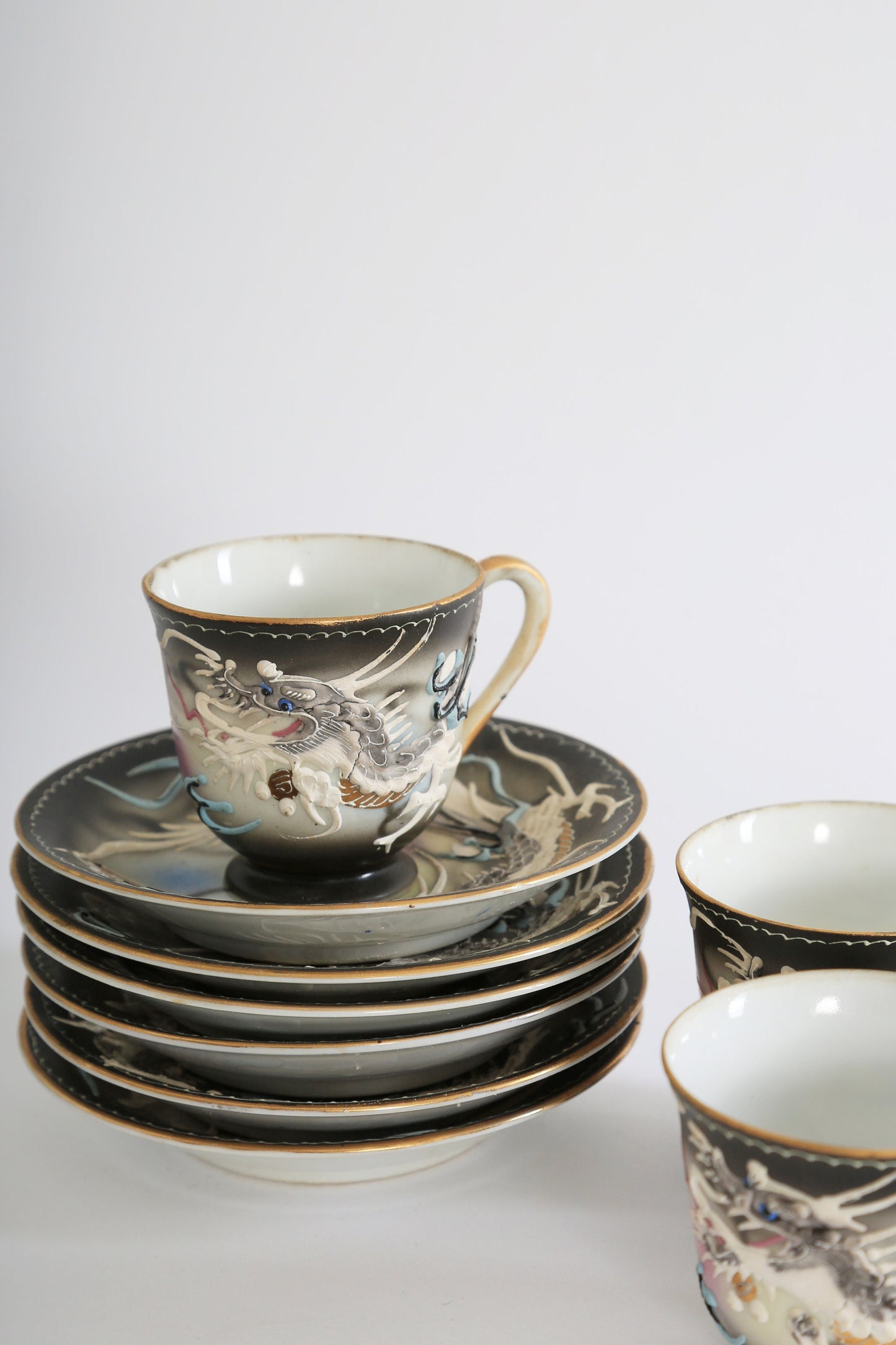 Antique Vintage 1940s 3D dragon hand painted Tea + Coffee set Japan