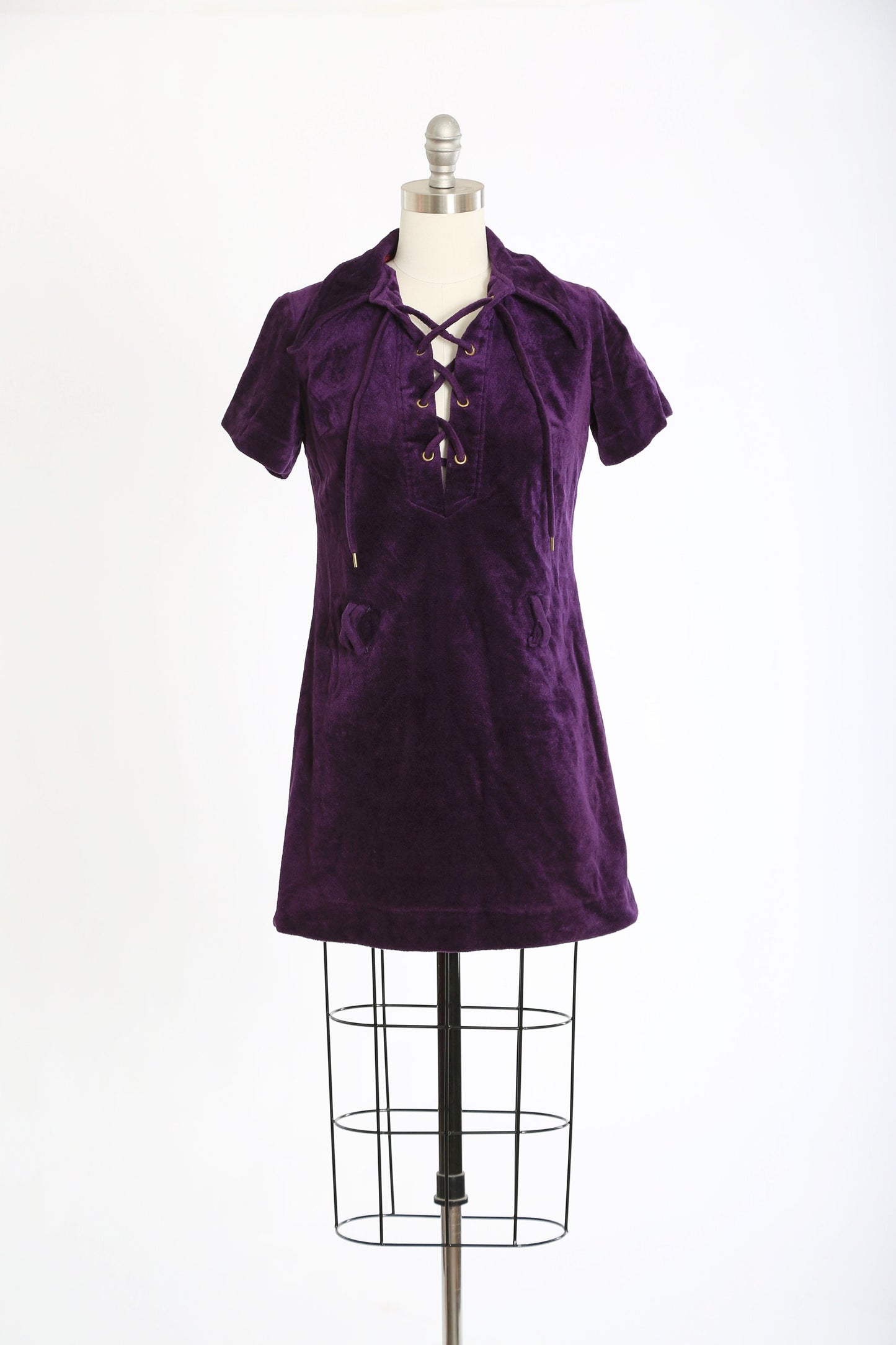 Vintage 60s 70s purple Velvet mini dress | 1960s 1970s lace up hippie mini dress