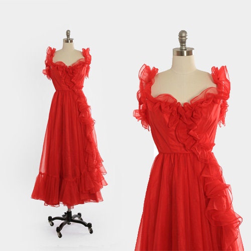 Vintage 70s red ruffle chiffon gown dress