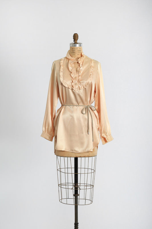 70s Fritzi belted Tuxedo blouse | Vintage 1970s Peach satin ruffle tuxedo top