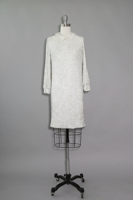 60s Couture beaded dress | Vintage 1960s Glam Heavily silver Beaded white Mod Couture Dress