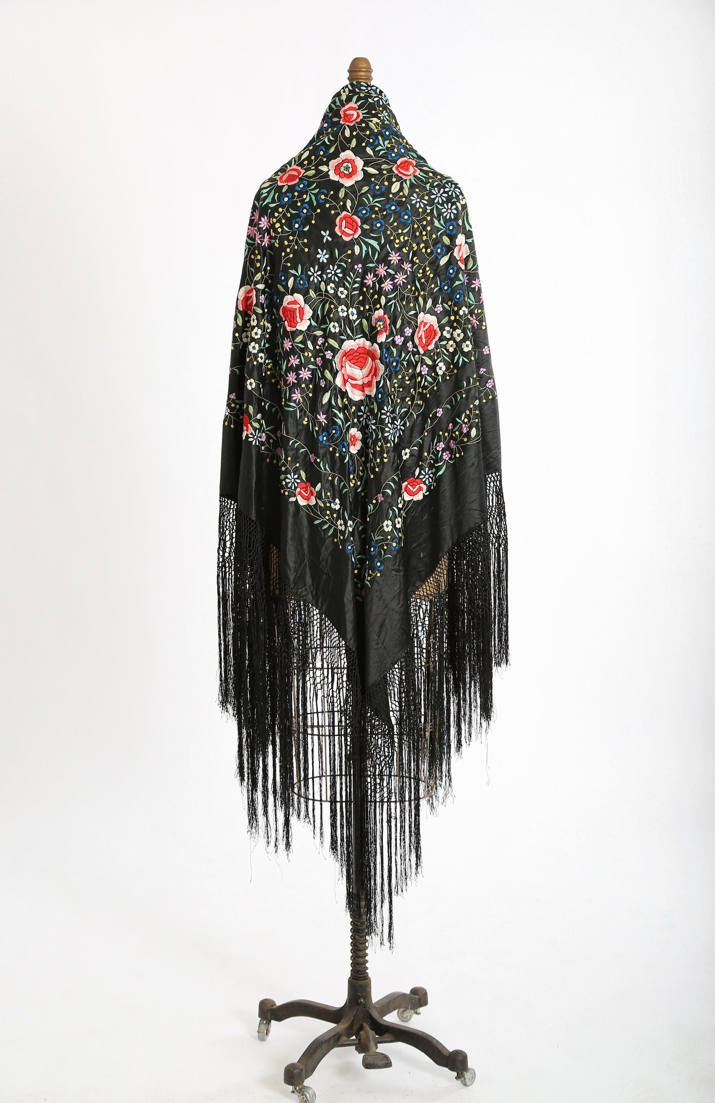 Antique Vintage 1920s silk hand embroidered floral piano shawl