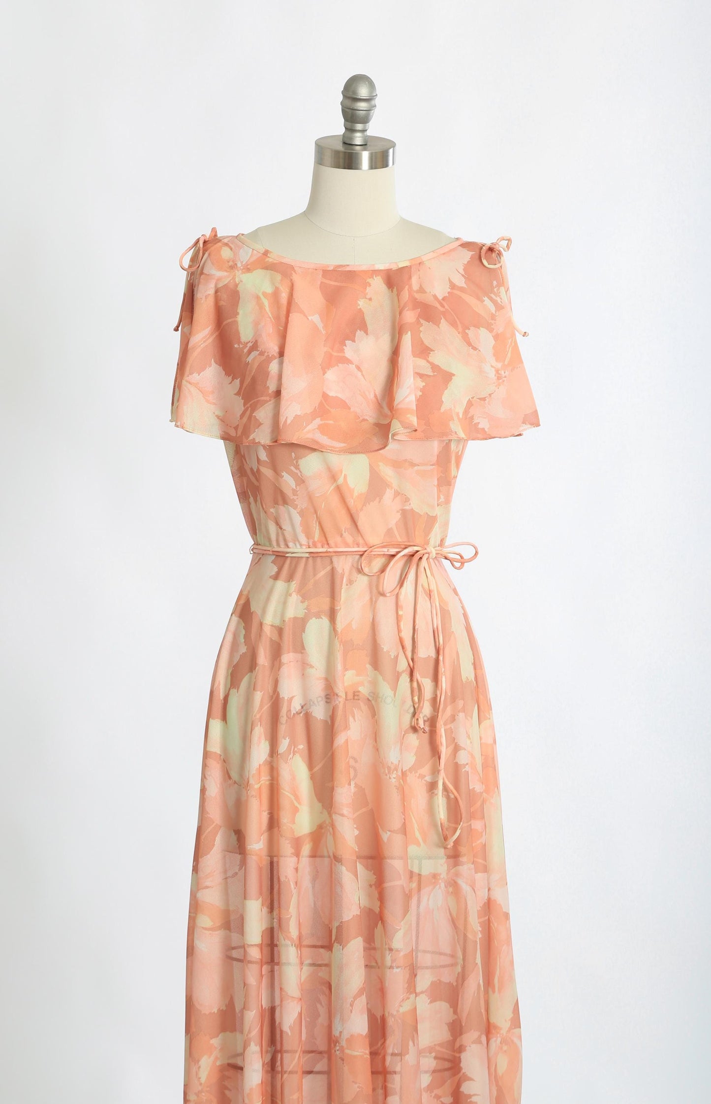Floral ruffle maxi | Vintage 70s pink semi sheer maxi dress