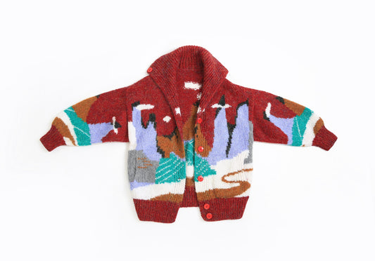 80s Metallic mountain scene hand knit sweater cardigan