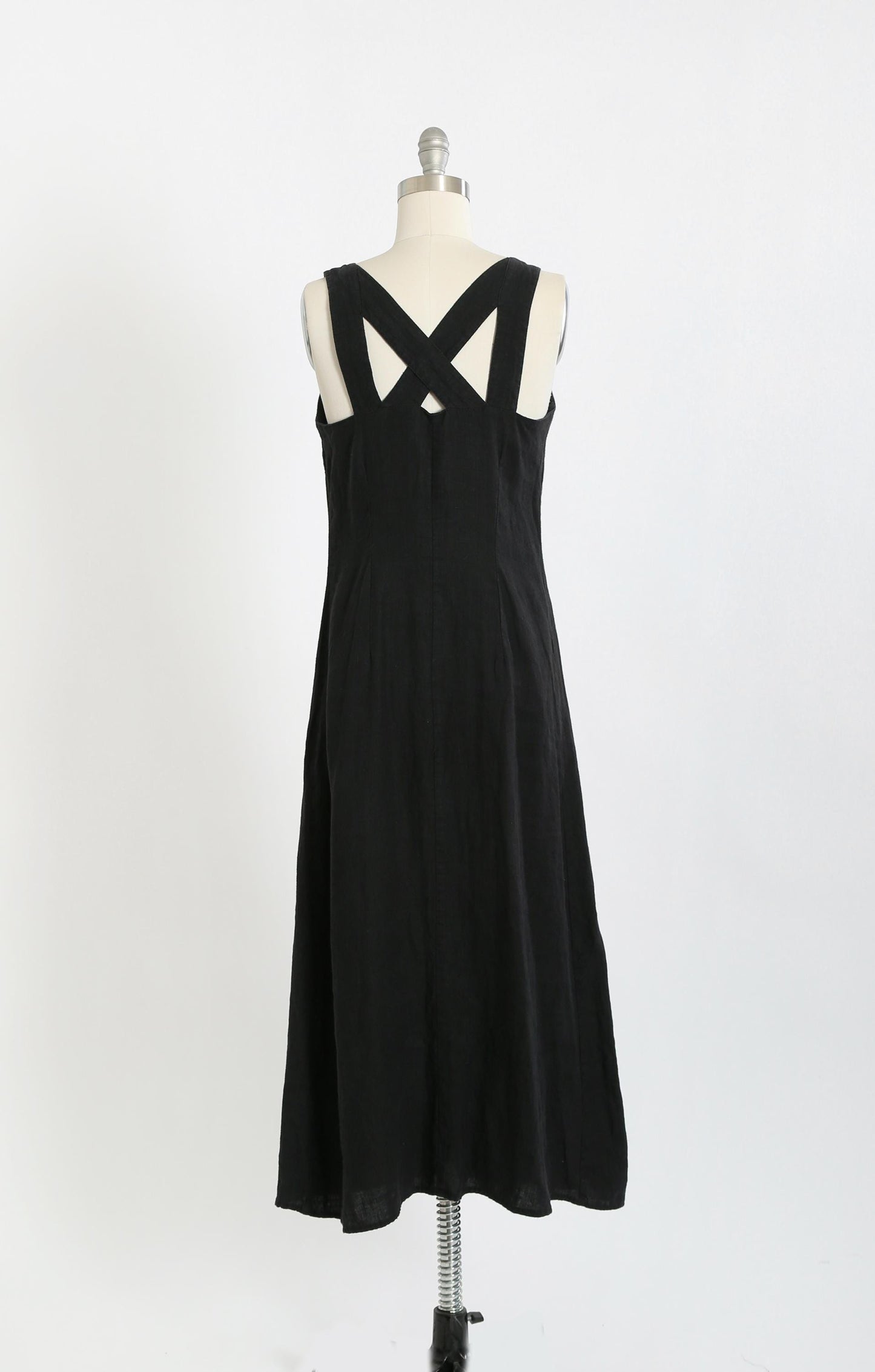 Vintage 90s black linen strappy back maxi dress