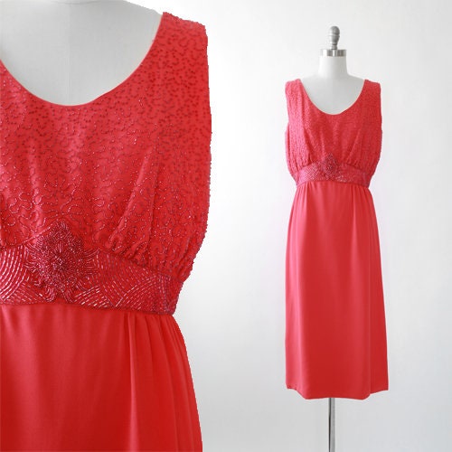 I. MAGNIN beaded dress | Vintage 60s coral crepe dress | Medium beaded dress