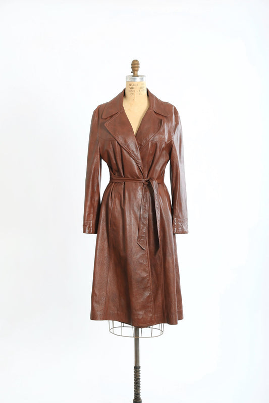 Leather trench coat | Vintage 70s brown leather belted trench coat