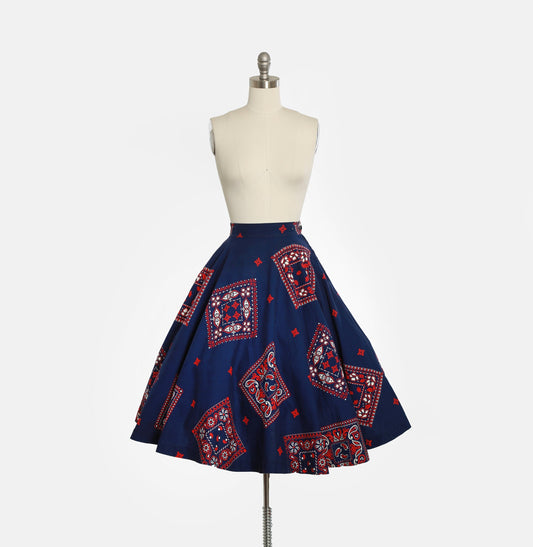 Vintage 1950s I. Magnin red, white & blue bandana print cotton circle skirt