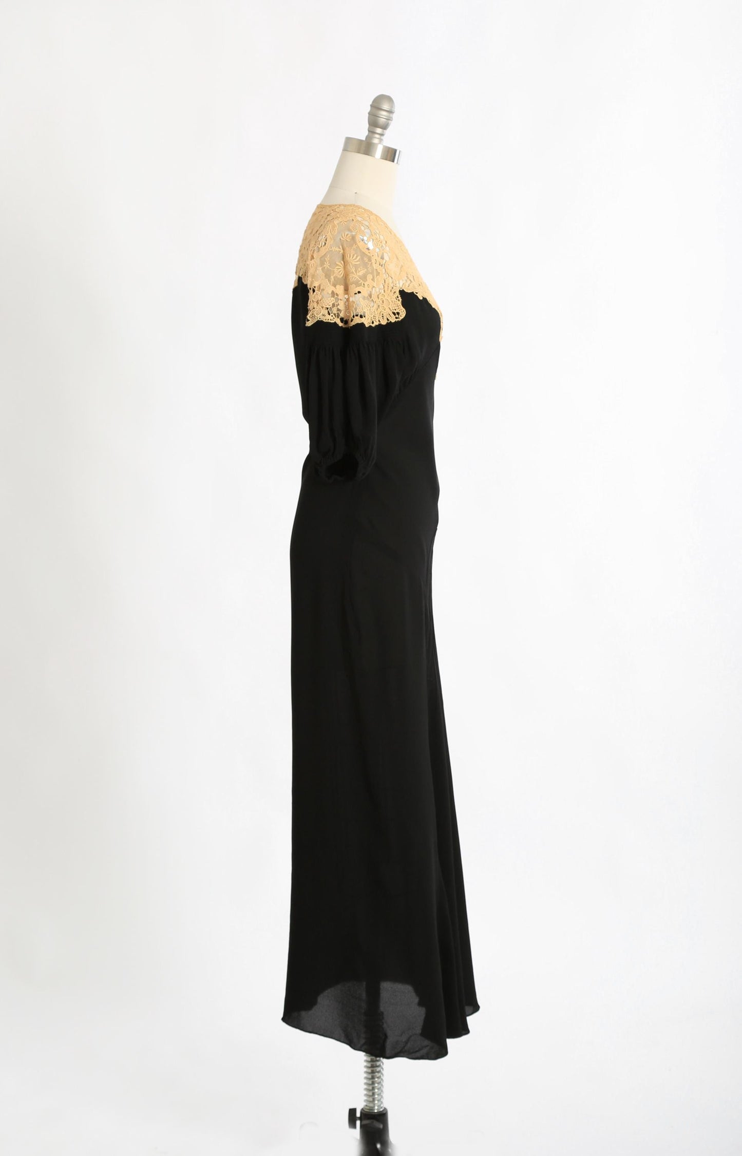 Antique Vintage 1930s bias cut black floral crochet lace puff sleeve dress