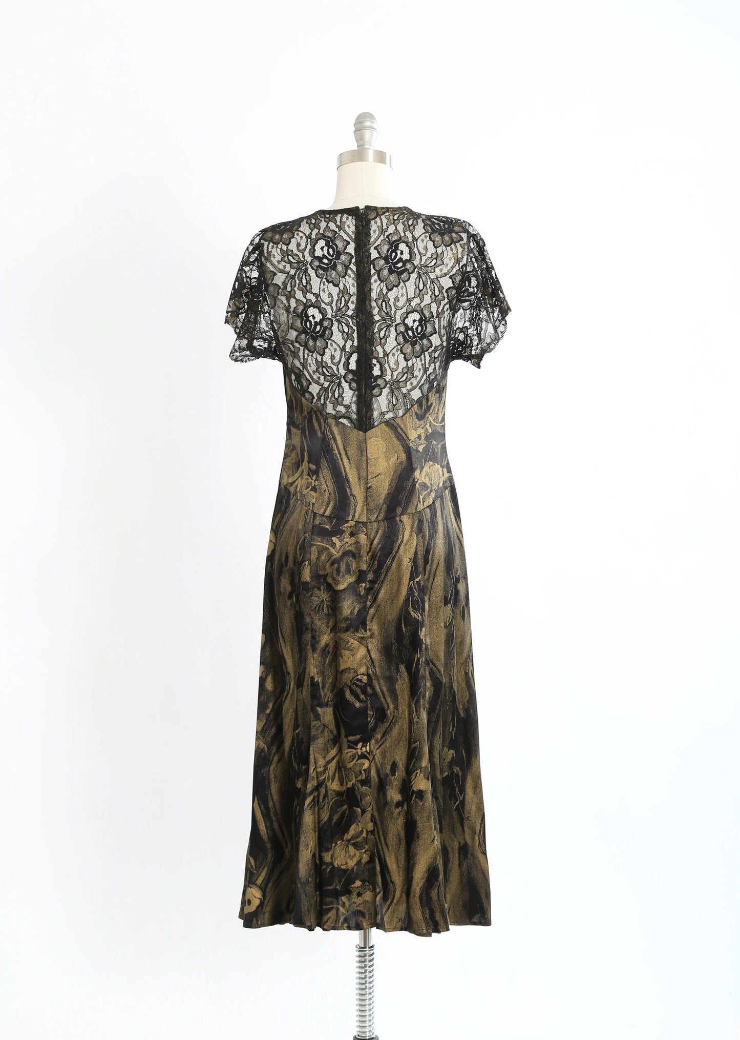 90s Carole Little black gold floral lace maxi dress