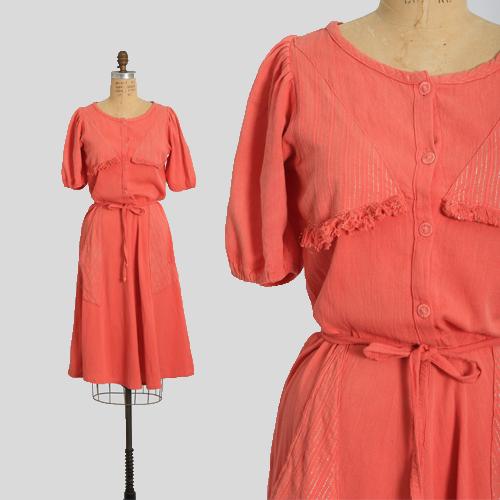 Vintage 40s salmon orange pink cotton day dress