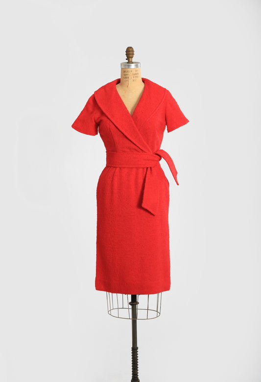Vintage 50s red boucle knit dress
