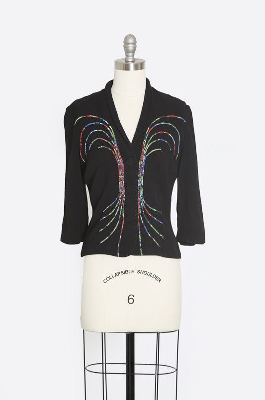 Vintage 40s rayon crepe embroidered rainbow arrow blouse