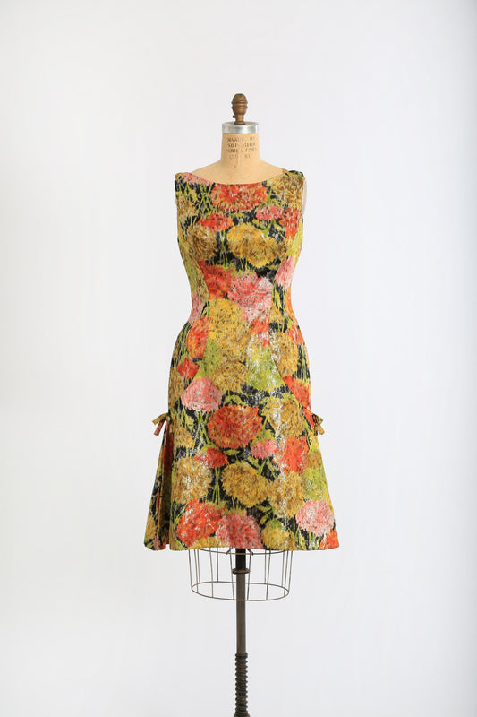 60s lurex dress | Vintage 1960s Lord & Taylor floral gold lurex dress