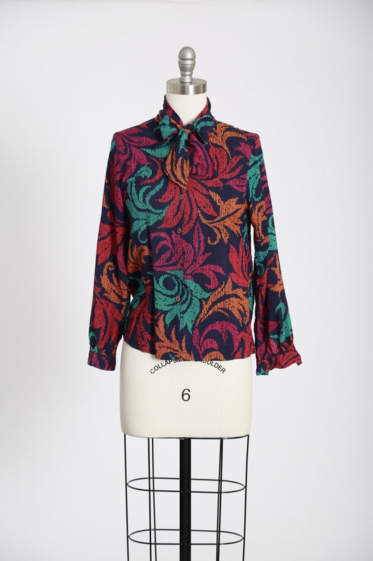 Vintage 80s rayon rainbow leaf ascot bow blouse