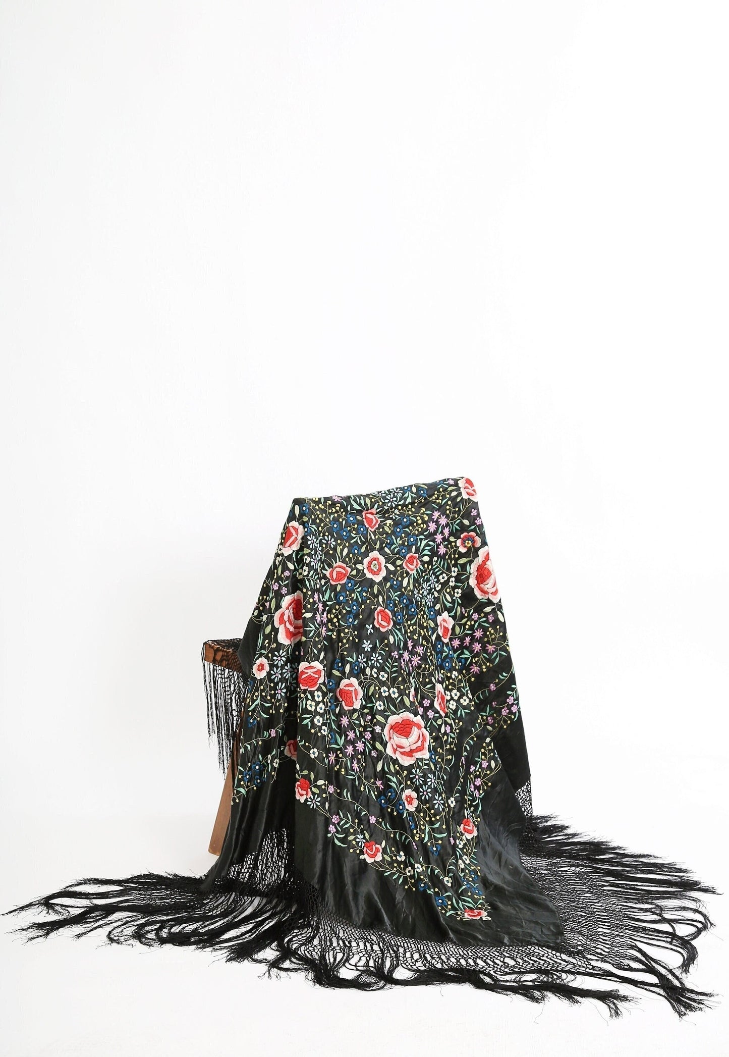 Antique Vintage 1920s silk hand embroidered floral piano shawl