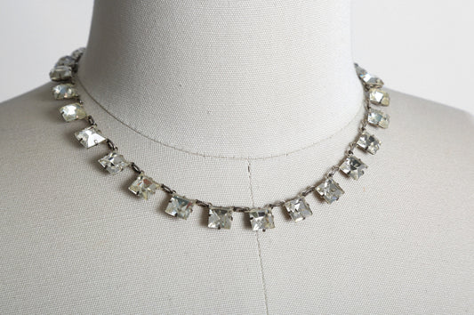 40s Square Cut glass Necklace  | Antique Vintage 1940s delicate sterling silver jeweled necklace | Wedding necklace
