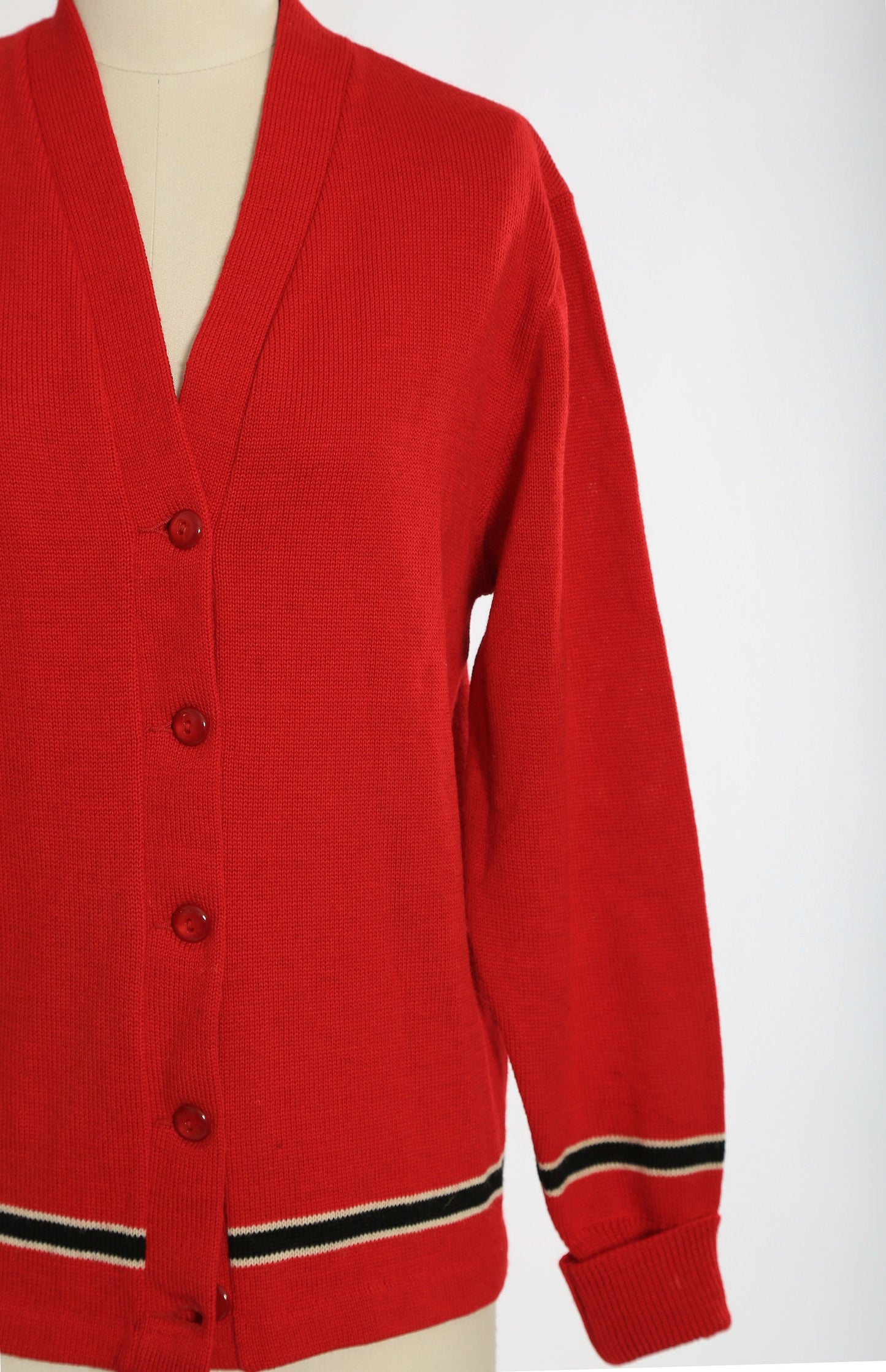 Vintage 50s red striped knit wool cardigan Varsity sweater