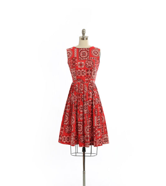 50s bandana dress | Vintage 1950s red bandana cotton dress